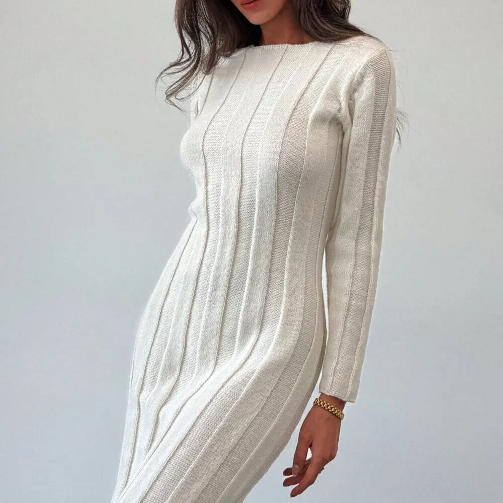 Beige Elegant Women's Crew Neck Long Warm & Comfortable Knit Casual Dress - Picture 2 of 9